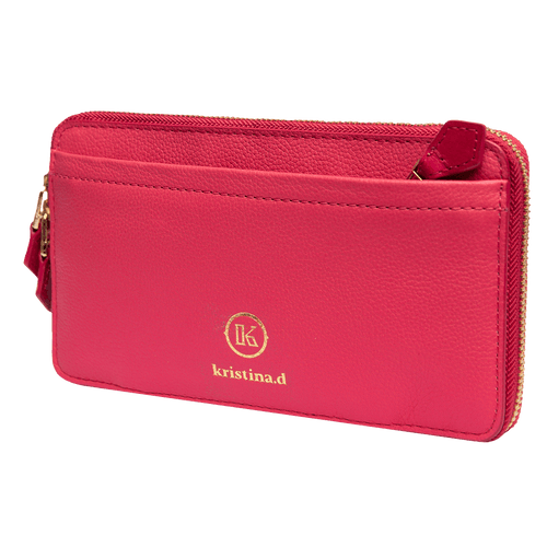 Front angled view of kristina.d luxury pink leather JULIAN Belt Bag Convertible Wallet