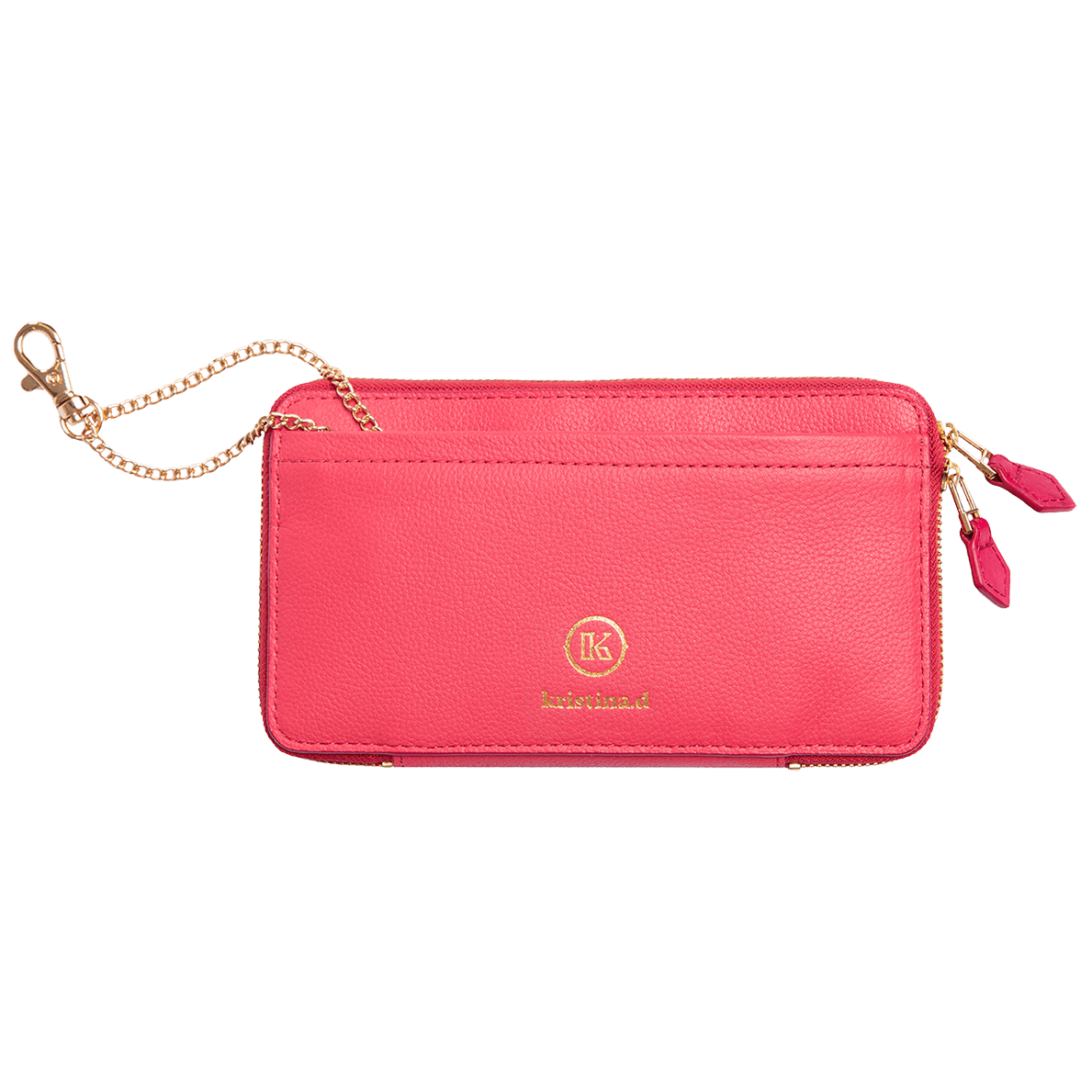 Front view of kristina.d luxury pink leather JULIAN Belt Bag Convertible Wallet with gold chain