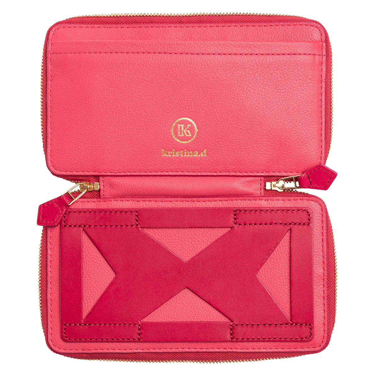 Front and back view of open kristina.d luxury pink leather JULIAN Belt Bag Convertible Wallet 